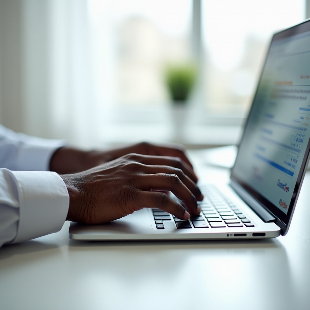 A close-up of hands typing on a keyboard while searching a client history record