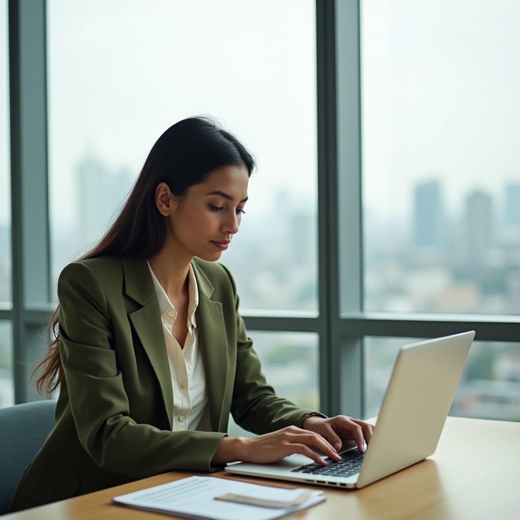 A consultant reviewing a CRM dashboard on a laptop at a wooden desk