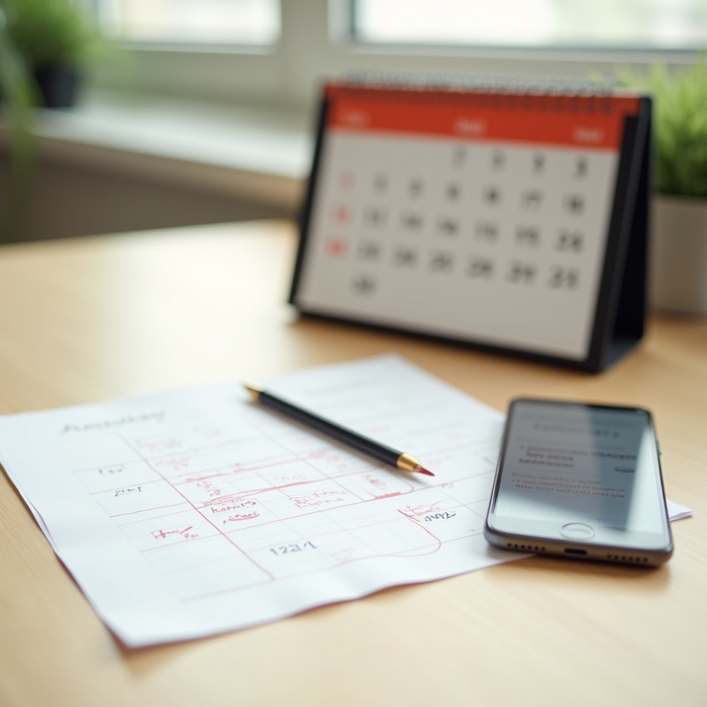 A desk calendar with a missed appointment crossed out and a phone showing a notification