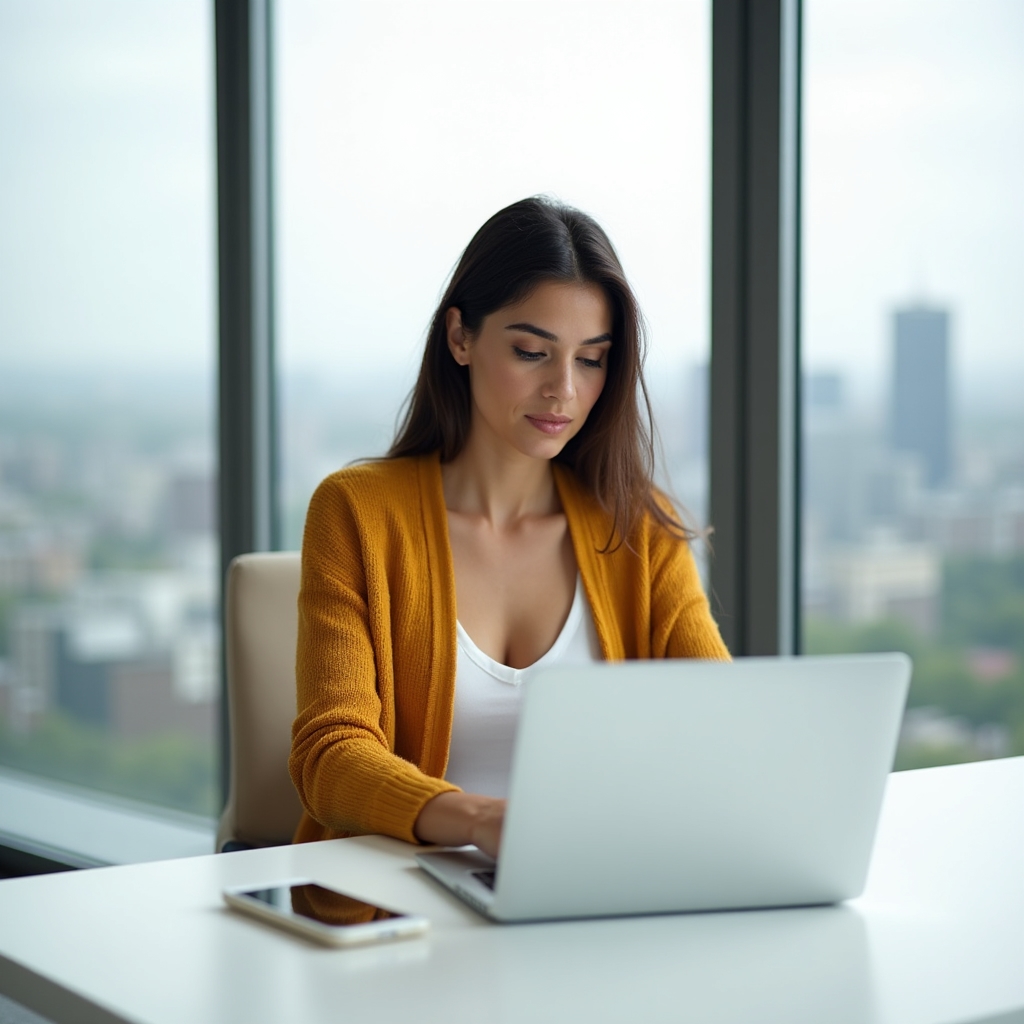 A consultant sitting at a desk looking thoughtfully at a laptop before adopting new software