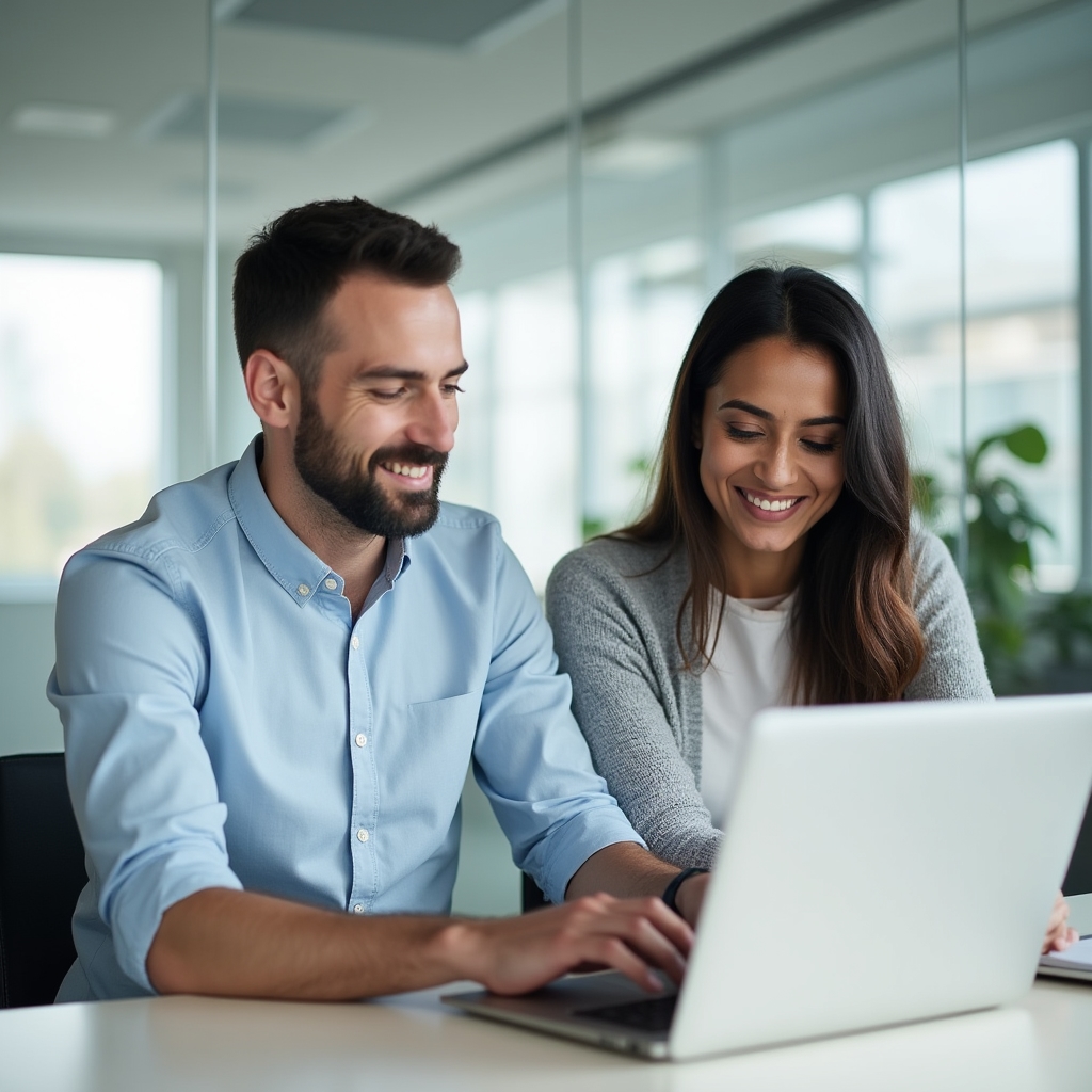 Two colleagues reviewing client information together at a shared desk