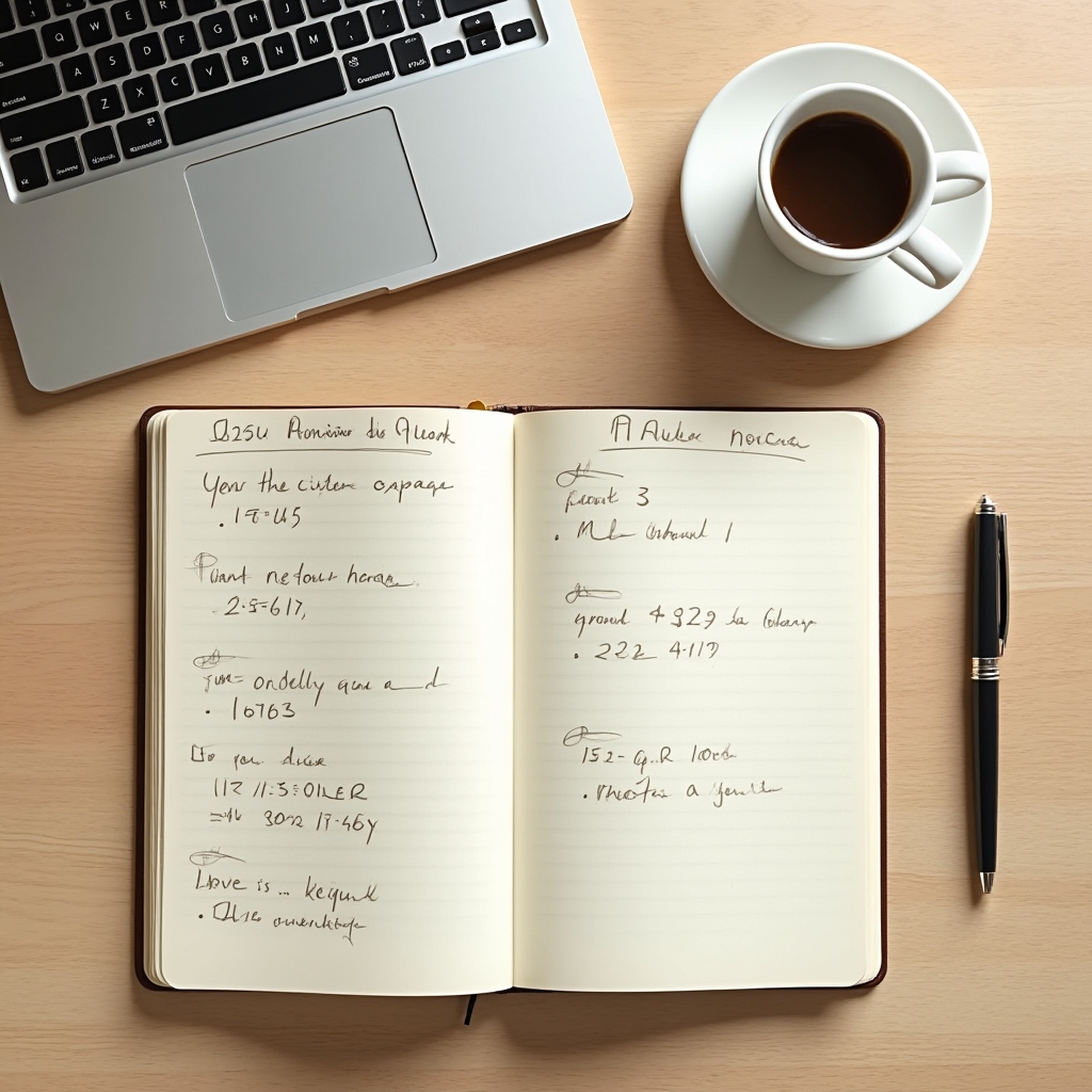 An open notebook filled with handwritten client notes next to a coffee cup