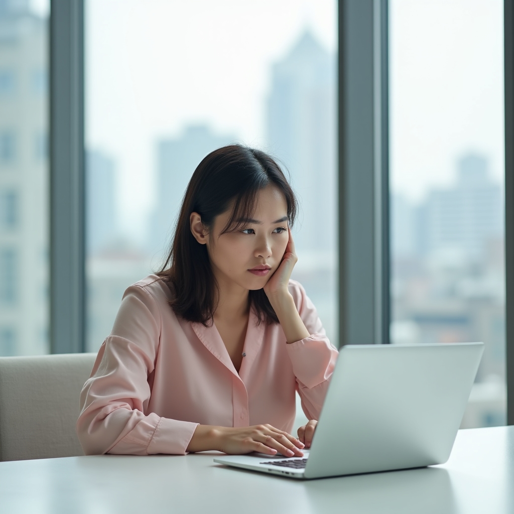 A person looking concerned while scrolling through a crowded email inbox on a laptop