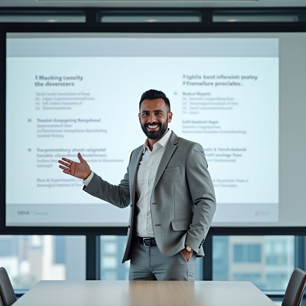 A presenter leading an informational webinar in front of a screen with slides